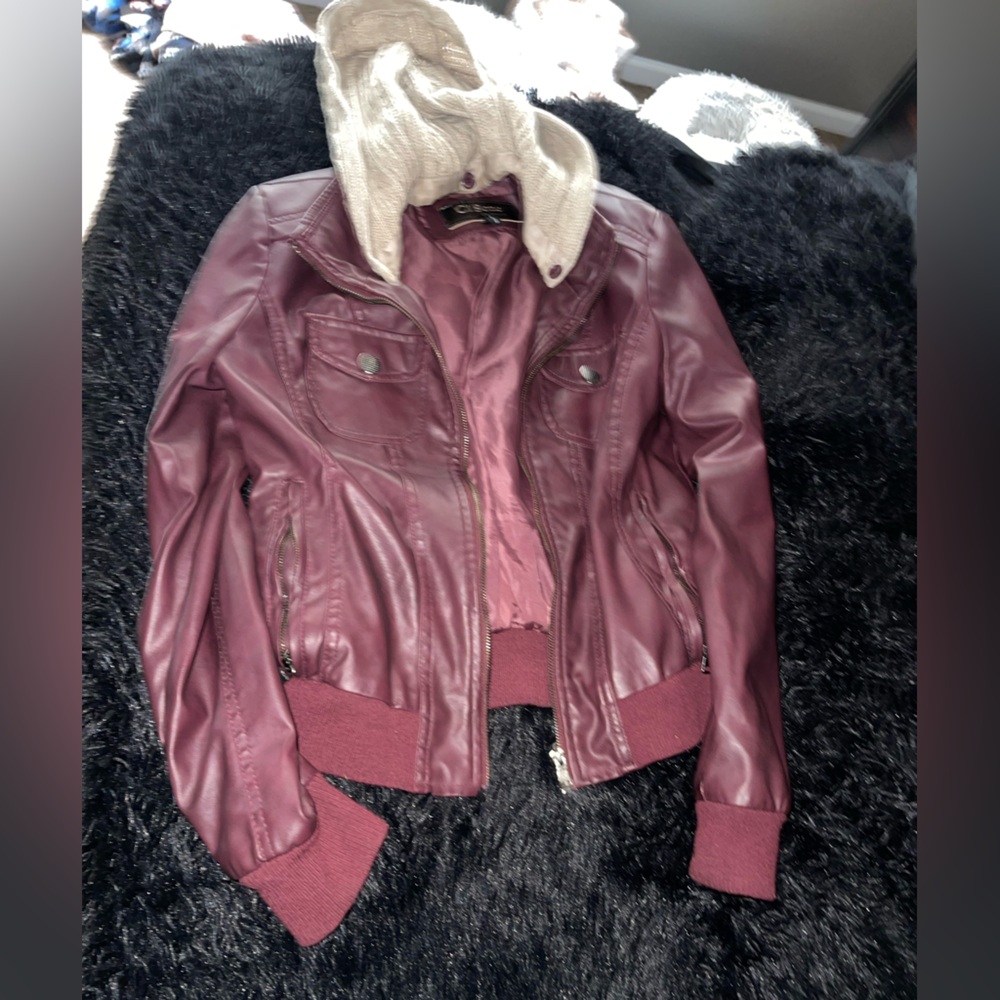 Chic Burgundy Leather Jacket with removable Knit Hood